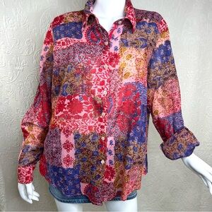 Lassiter Cotton Daisy Boho Floral Paisley Patchwork Button Down Shirt